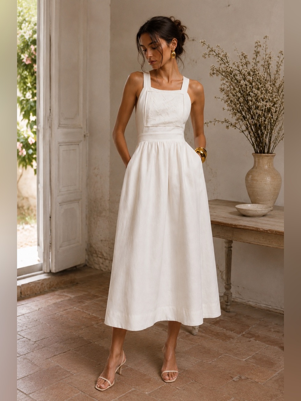Reformation Orson 100% Linen White Midi Dress NWT Size 8 Embroidered Square Neck